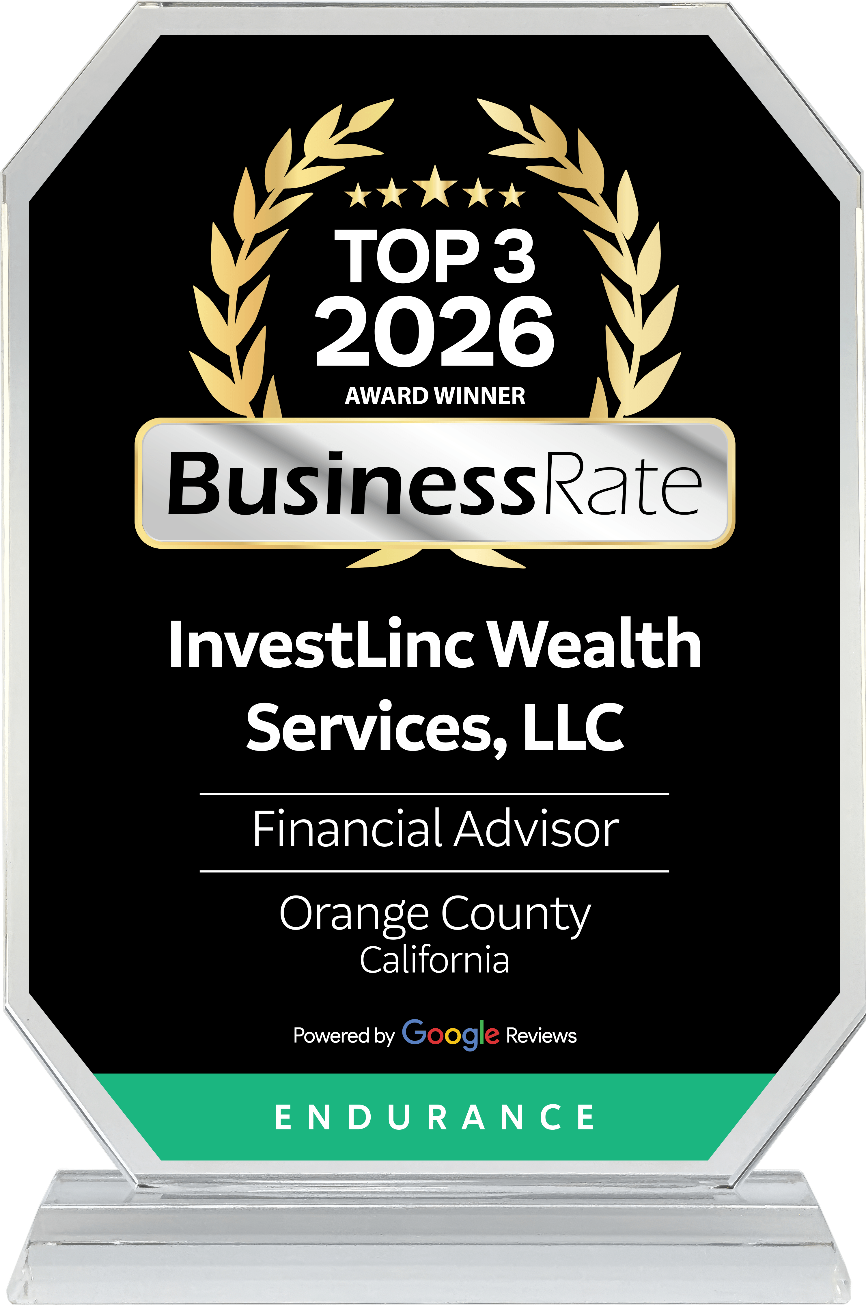 BusinessRate Top 3 2026 Award Winner trophy for InvestLinc Wealth Services, LLC