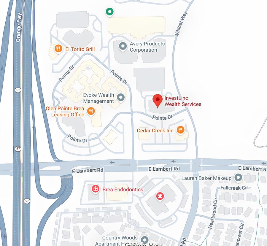 Map showing InvestLinc Wealth Services at 10 Pointe Dr, Brea, California, off the Orange Freeway